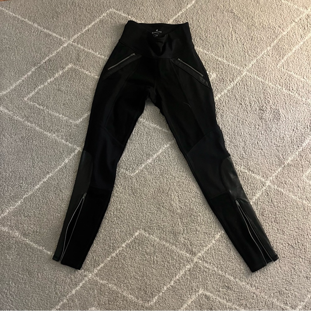 Athleta leggings, black with leather details, size XXS